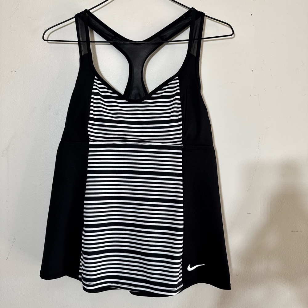 Nike Black & White Striped Swim Bathing Suit Active Wear Racerback Top Medium